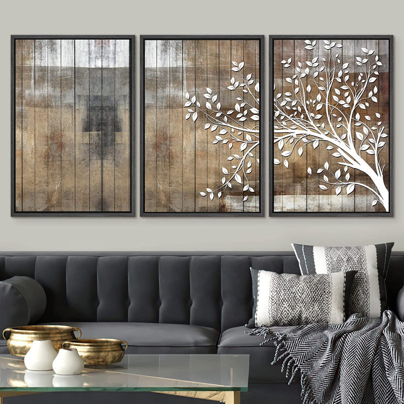 «White Tree Silhouette and Color Blocks», reproduction sur toile flottante 3 pièces, H 36 po x l 72 po , Noir