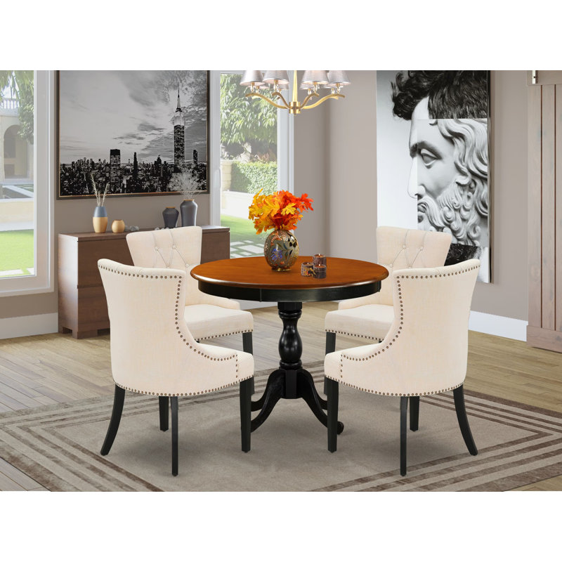 5-Piece Round Dining Table Set Contains a Dining Room Table and 4 Light Beige Linen Fabric Dining Chairs with Button Tufted Back - Black Finish