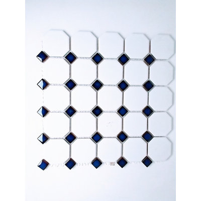 Octagon White/Cobalt Blue Dots Matte Porcelain Mosaic Wall Floor Use Tile