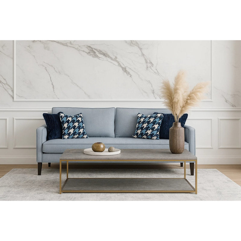 Colin Sofa, 4 Houndstooth Throw Pillows, Blue Polyester, 85 Inch