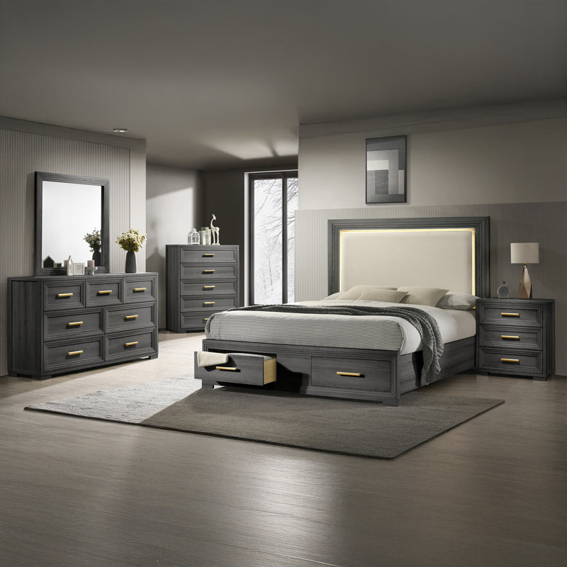 Liora Upholstered Platform Bedroom Set with LED Headboard, Footboard Storage, and Case Pieces, 2 Pcs: Bed, Nightstand, King