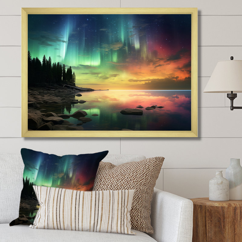 «Magical Lake Landscape Aurora Borealis», reproduction sur toile, H 30 po x l 40 po x P 1,5 po, Cadre doré à une seule photo