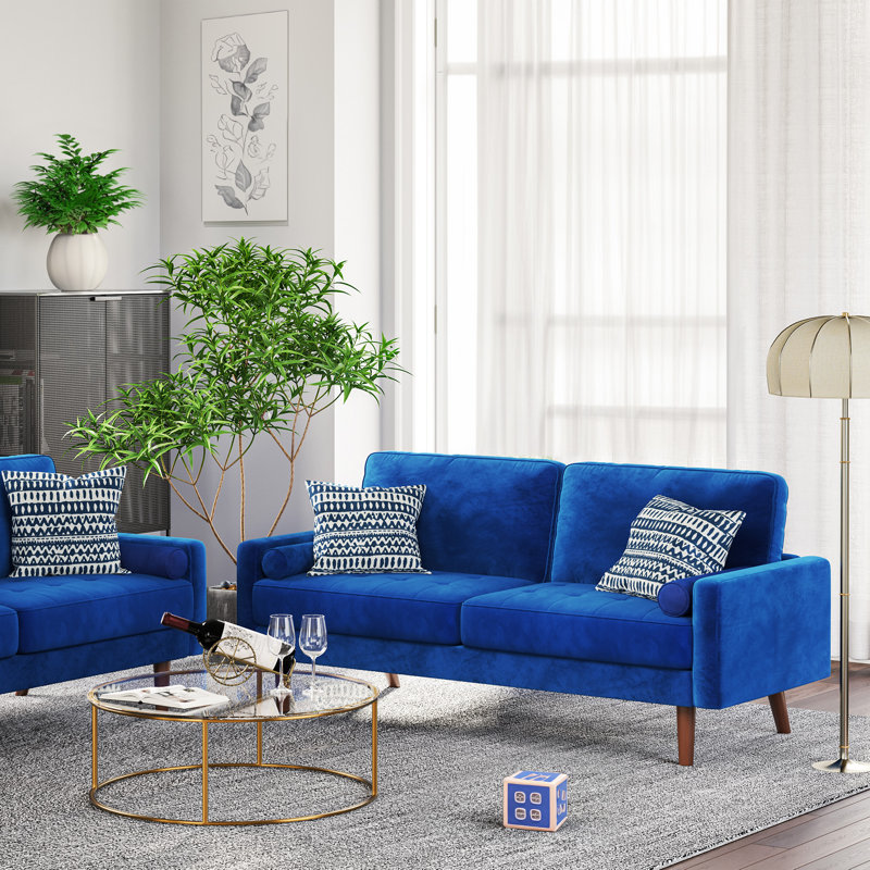 Canapé rembourré en velours l 69,3 po Enedelia, Velours bleu