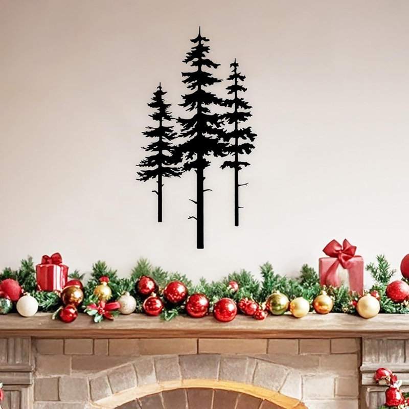 Art mural pin - noir - cèdre en métal, thème forêt et nature, décoration de salon, cadeau pour les amoureux de la nature