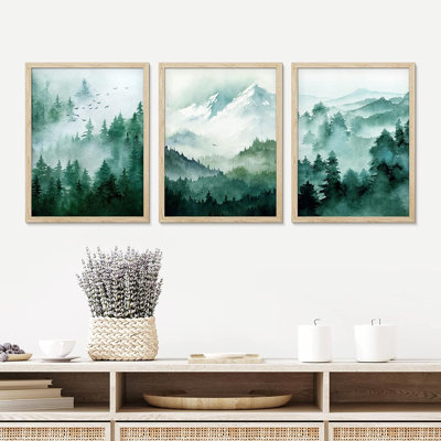 Woodland Forest Landscape " IDEA4WALL Framed Mountain Forest Wall Art, Set Of 3 Watercolor Snowy Wall Decor Prints, Nature Wilderness Wall Décor For Living Room, Bedroom " 3 - Pieces