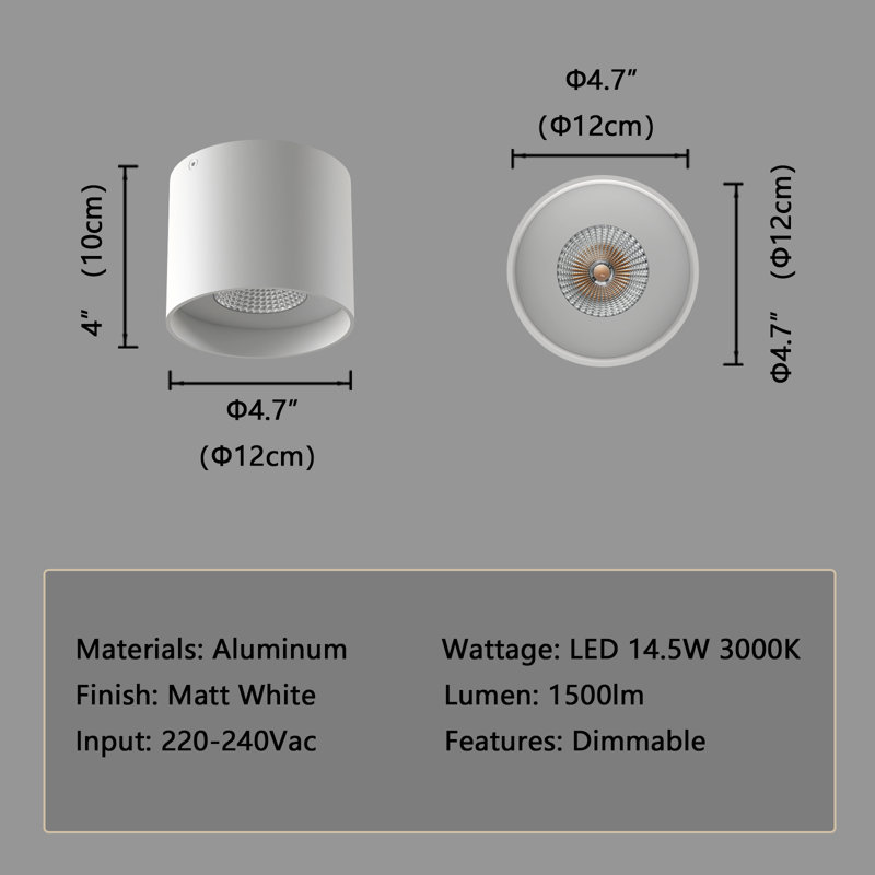 Ceiling Light Fixture, Flush Mount Ceiling Lights LED Dimmable Cylinder Ceiling Light Spot Light for Living Room Hallway Kitchen Dining Room Foyer 3000K 14.5W (White)