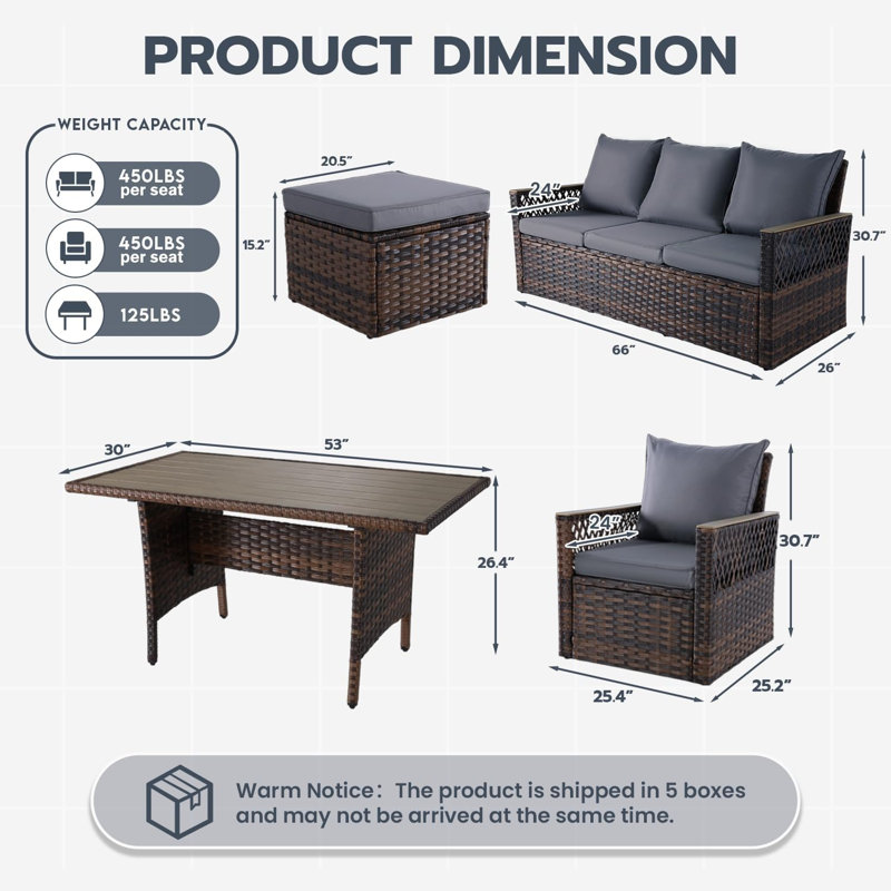 Ensemble de mobilier de patio 5 pièces, Coussin gris / cadre brun