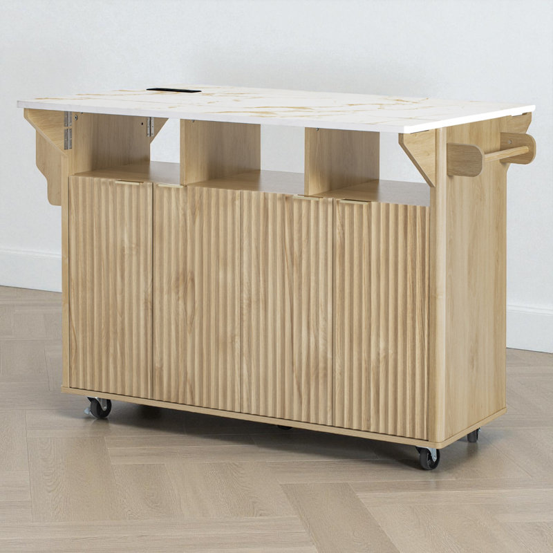 55.5" Wide Kitchen Island With Drop Leaf, 35.8" H x 55.5" W x 32.7" D, Natural/Faux Marble