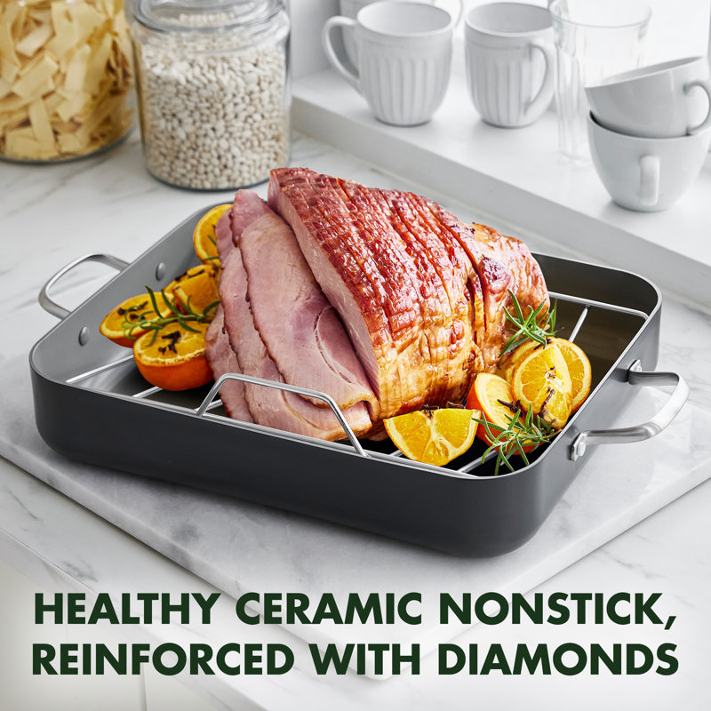 Greenpan Chatham Hard Anodized Healthy Ceramic Nonstick, 16" X 13" Roasting Pan With Roaster Rack