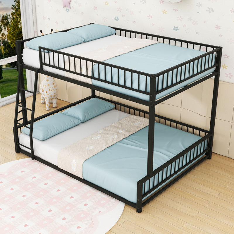 Metal Bunk Bed Frame With Guardrails, Black, Full XL Over Queen