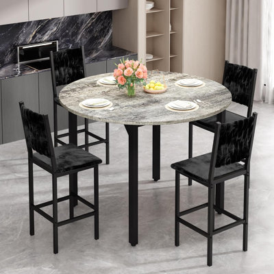 5pcs Modern Dining Room Table and Chairs Set for 4, Kitchen Table Set with Round Table & 4 Chairs for Apartment, Dining Table Set with MDF Broad & Met