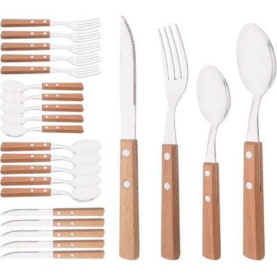 Ensemble de couverts 24 pièces avec poignées en bois naturel - Couverts en acier inoxydable 18/8 pour 6