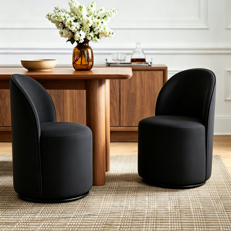 Set Of 1 Upholstered Kitchen & Dining Room Barrel Chair, Mid Century Modern Round Velvet Dining Chair, 360 Degree Swivel Comfy Armless Accent Makeup Vanity Side Chair for Bedroom Living Room