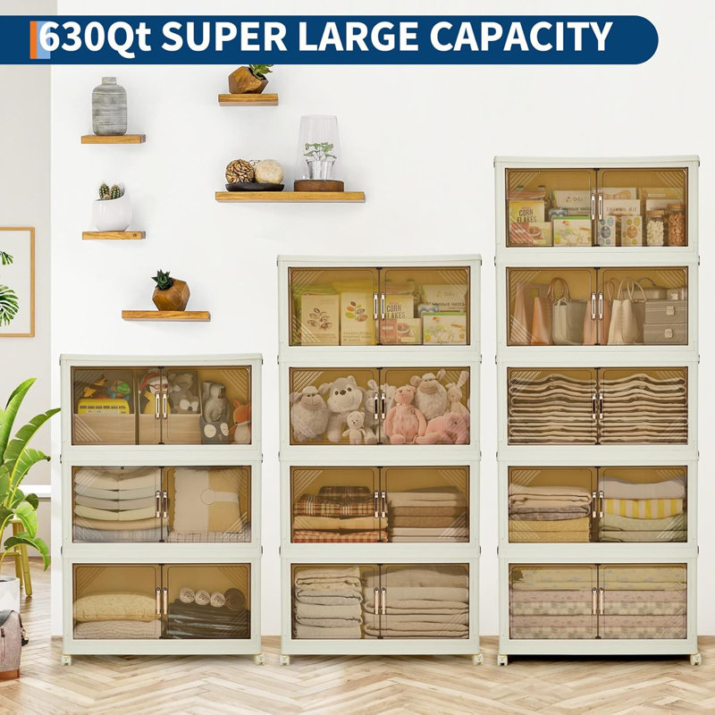 Stackable Storage Bins, Plastic Bins for Storage with Lids, Plastic Storages Drawers with Magnetic Doors & Wheels, Foldable Collapsible Closet Organizers for Home, Dorm, Office