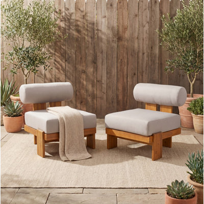 Modern Rustic Solid Wood Low Accent Chair â€“ Thick Cushion, Bolster Backrest, Set of 2, Indoor/Outdoor Use