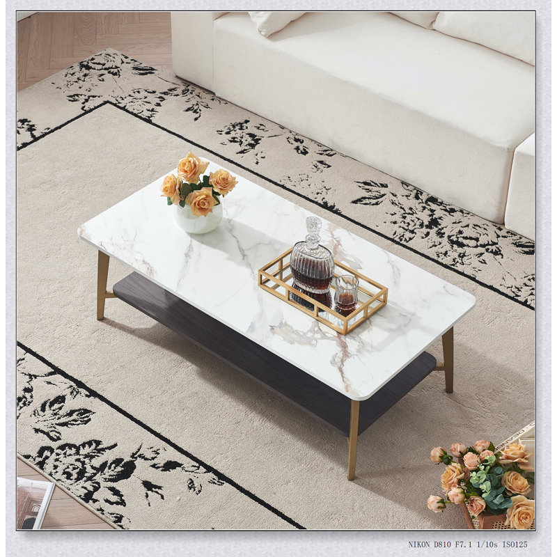 Modern Rectangular Coffee Table With Metal Frame For Living Room, Open Design And Durable Construction