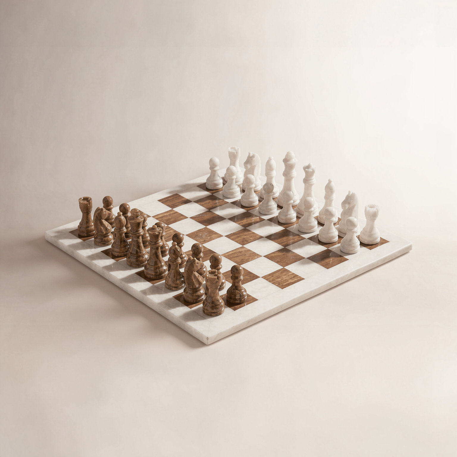 Handmade Marble Chess Set, 16" L x 16" W x 4.25" D, Brown/White
