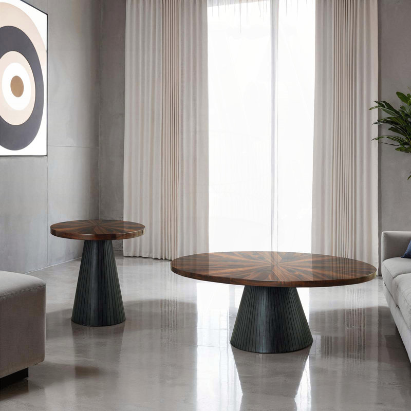 Table basse ovale avec plateau brillant et base cylindrique