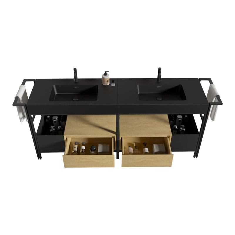 Meuble-lavabo 72 po avec lavabo en pierre artificielle, tiroirs et barre à serviettes ajustable Tharp, Noir mat