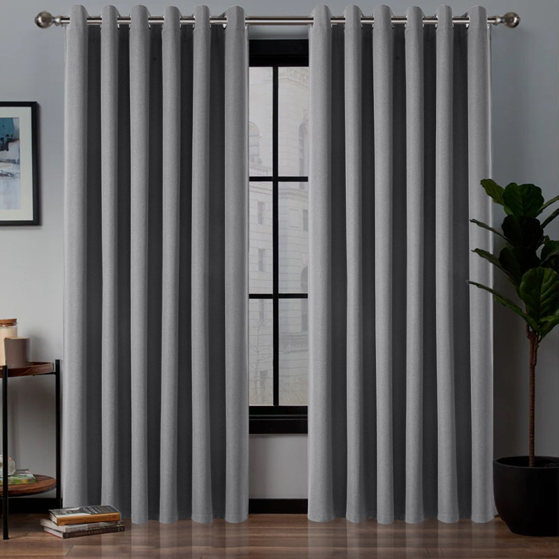 Blackout Linen Eyelet Curtains Set of 2 - Thermal Door & Window Panels, Charcoal, 117cm Width x 137cm Drop