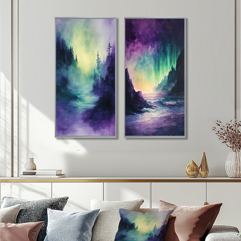 Ensemble de 2 pièces d'art mural vert et mauve Tachisme Landscape I - Tachisme, H 40 po x l 40 po, Encadrement argenté