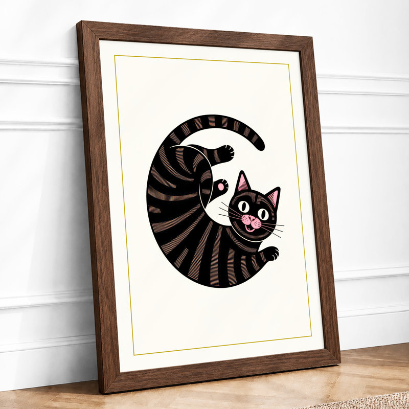 Striped Cat Crescent Retro - Framed Print, A4 - 29.7 x 21.0 cm, Walnut