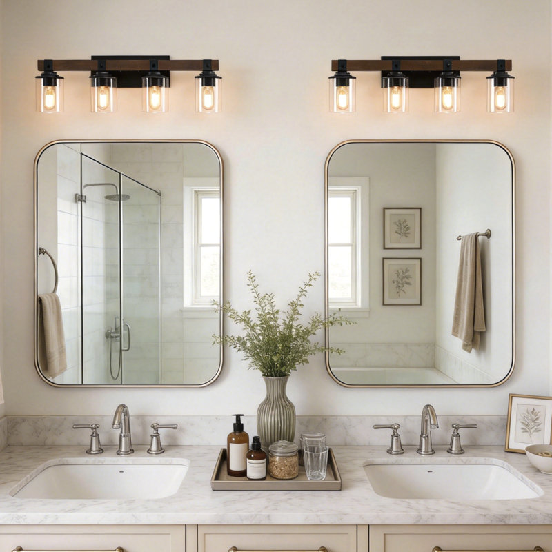 4 - Light Wooden Dimmable bathroom Vanity Light Over Mirror With Clear Glass Shades, Farmhouse Wall Light Fixture For Bathroom, Bedroom, Hallway