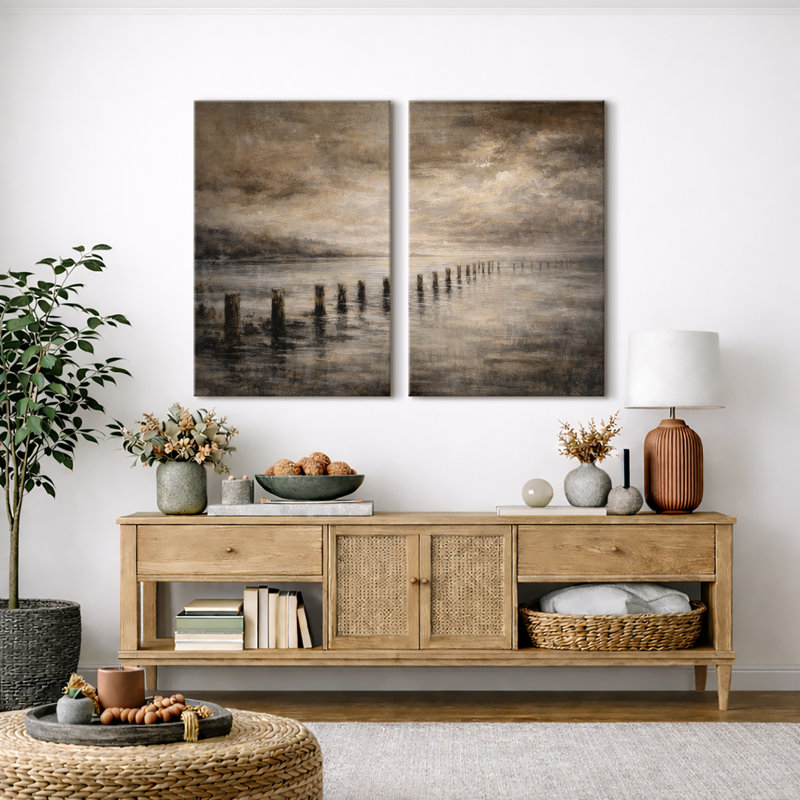 «Moody Coastal Pier», œuvre d'art sur toile encadrée, impression sur toile, H 24 po x l 32 po, Toile tendue