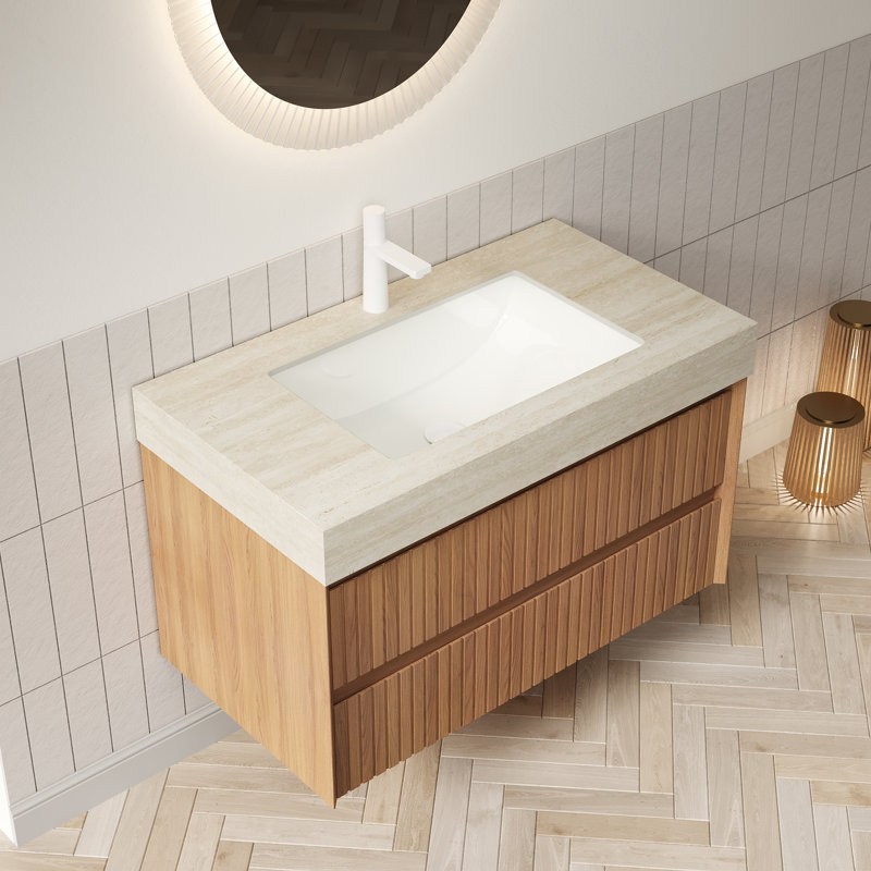36" Floating Bathroom Vanity With Travertine Sintered Stone Top, Ceramic Undermount Sink & Striped Wood Drawer Design, Pre-Assembled