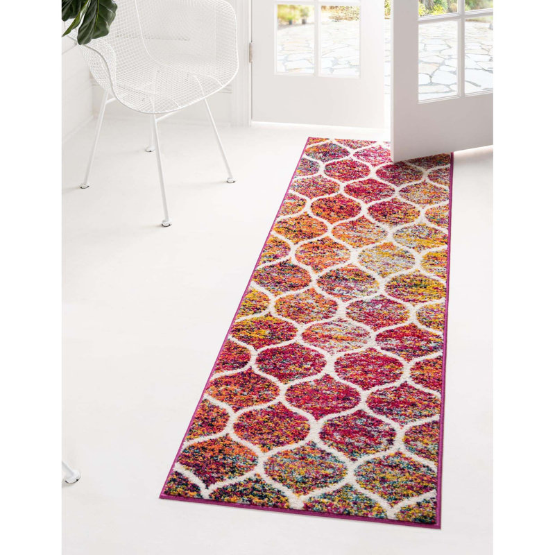 Tapis géométrique Llanet, Tapis de couloir 2 pi x 13 pi 1 po, Rouge multicolore