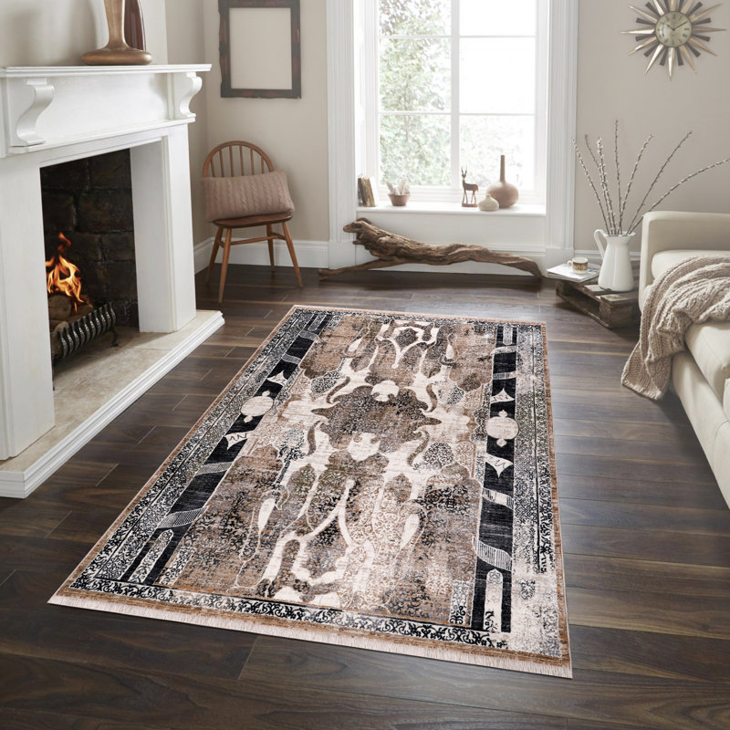 Tapis à volutes ivoire, noir, gris et brun clair Moab Collection, Rectangle 7 pi 7 po x 10 pi