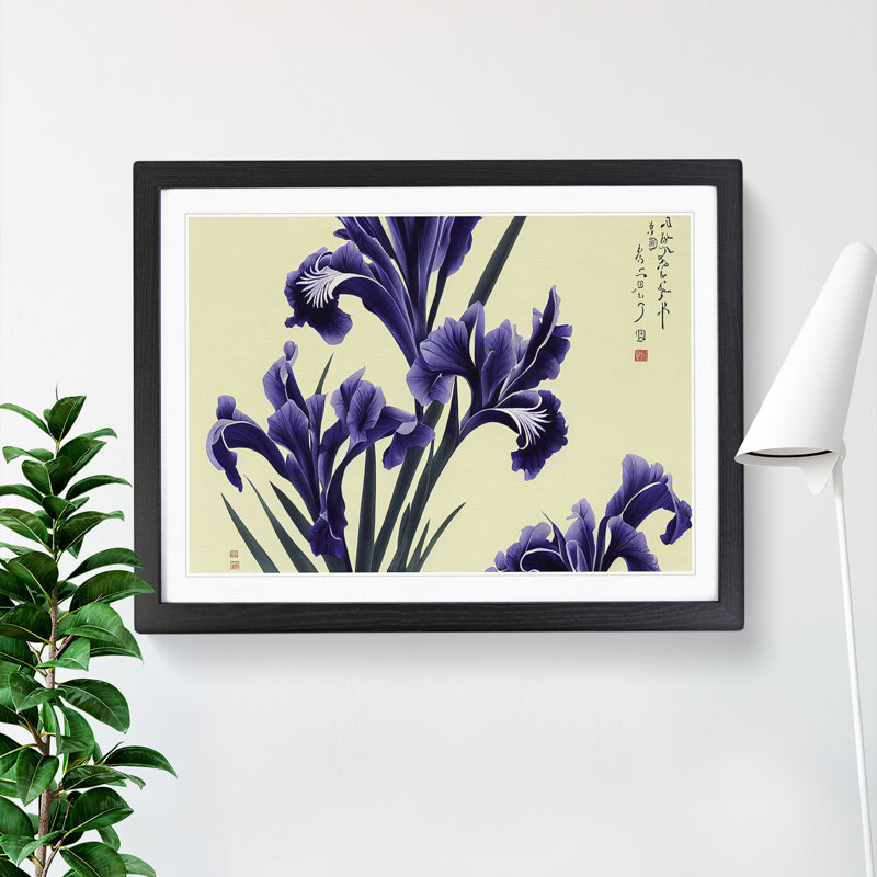 Japanese Iris Flowers 1 Piece Single Picture Frame Wall Art, 34cm H x 46cm W x 2cm D, Black Framed