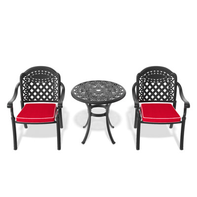 3 Cast Aluminum Patio Furniture, Black, Random Color Cushions For Backyard, Stackable Chairs, Round Table With Umbrella Hole Outdoor , Black Frame, Peaceful Time,