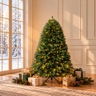 Prelit Artificial Christmas Tree with Metal Stand – Realistic Spruce Christmas Tree with Lights, Available in 4.5 ft, 6.5 ft, and 7.5 ft Sizes with 550 Warm Lights, 1717 Branch Tips, Foot Pedal