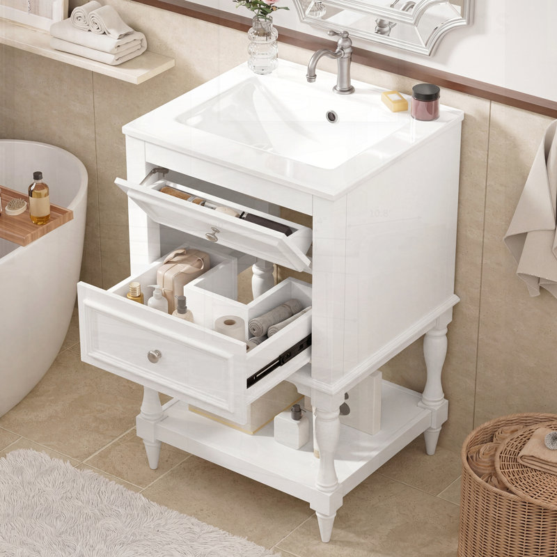 Meuble-lavabo rétro avec lavabo et rangement en céramique, parfait pour le style rétro et la fonctionnalité moderne., White
