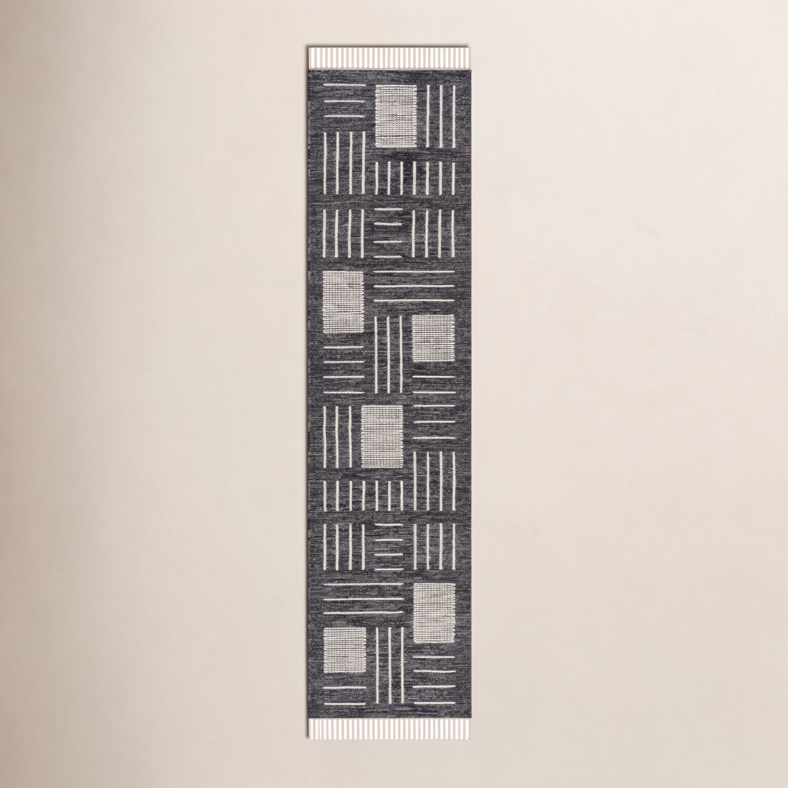 Flore Black Ivory Hand-Woven Geometric Wool Rug, Runner 2'3" x 9'