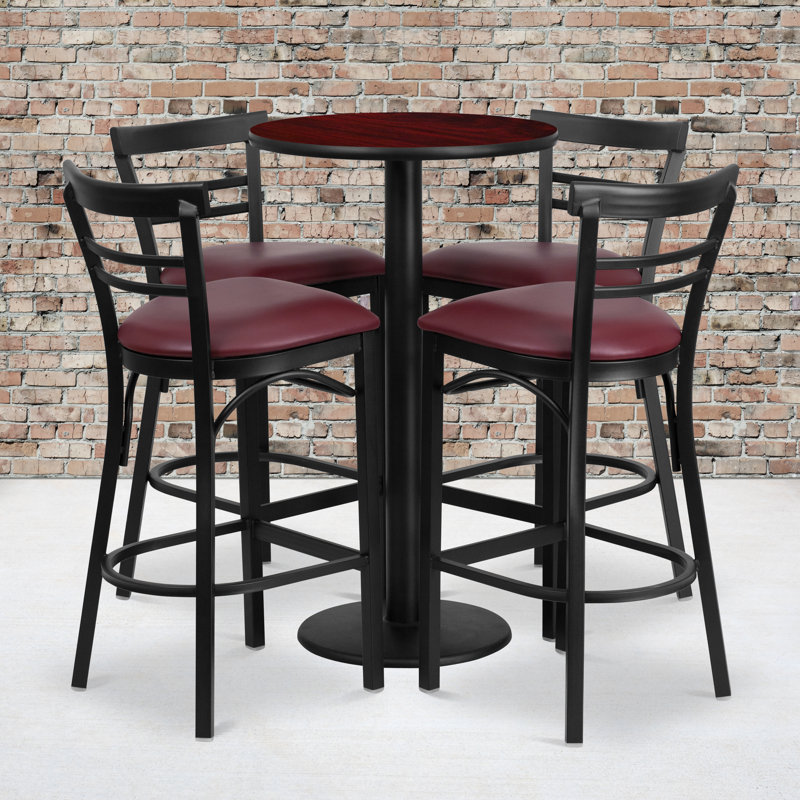 Ensemble de table ronde en stratifié 24 po avec base ronde et 4 tabourets de bar en métal Naro, Acajou, Bourgogne
