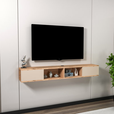 Meuble télé moderne scandinave, pin atlantique et beige, 55,1 po x 7,7 po x 8,7 po | 100% panneau de particules enduit de mélamine, épaisseur: 0,7 pouce | Conception murale avec plusieurs tablettes pour un rangement et une organisation élégants