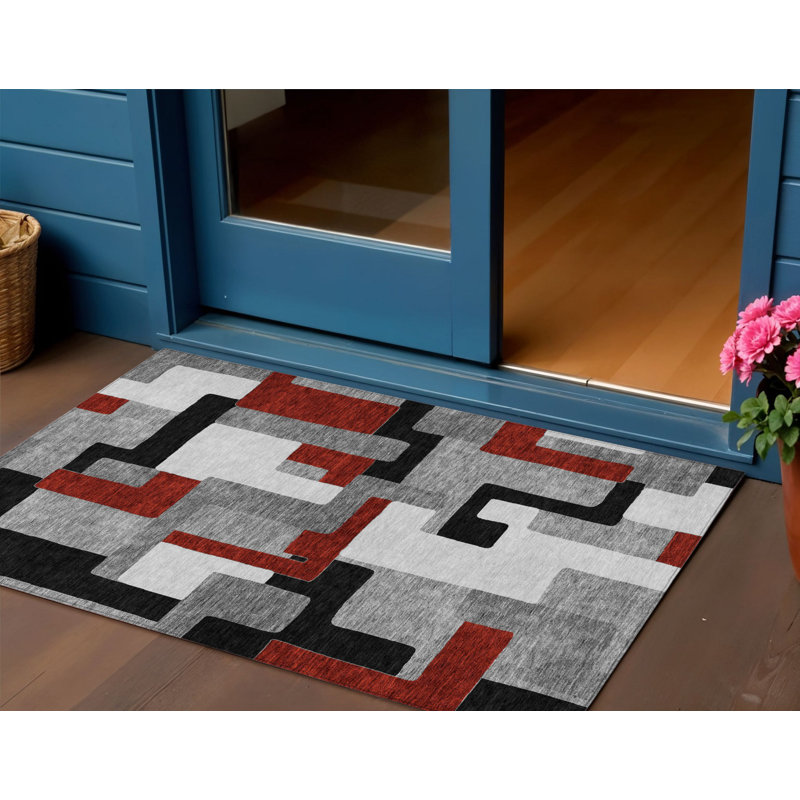 Fagundes 3' X 5' Gray Ivory And Red Geometric Washable Indoor Outdoor Area Rug