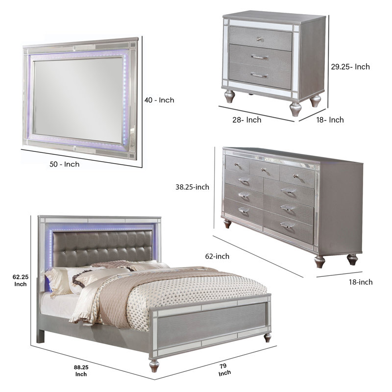 Ensemble de chambre avec très grand lit 4 pièces Ishin, garniture à DEL et miroir, détails texturés, argent, King