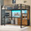Lit mezzanine double avec bureau en L, bibliothèque à 5 niveaux, 5 tiroirs de rangement, lit mezzanine en métal à DEL avec prise de courant, lits mezzanine avec barrière de sécurité et échelles, aucun sommier nécessaire
