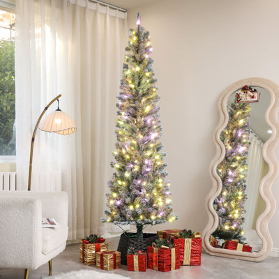 HOMCOM 7.5 Ft Pre-Lit Pencil Christmas Tree, Artificial Christmas Tree With 220 Dual Color LED Lights And 519 Branch Tips, Flocked Xmas Tree With Metal Stand For Holiday Party, Green