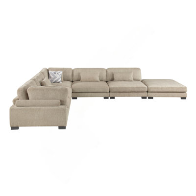 Contemporary 6-Piece Modular Sectional w Ottoman Plush Comfortable Pillows Upholstered Solid Wood Living Room Furniture