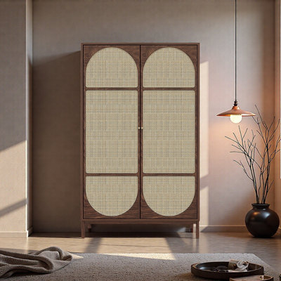 A tradition-style solid wood rattan wardrobe