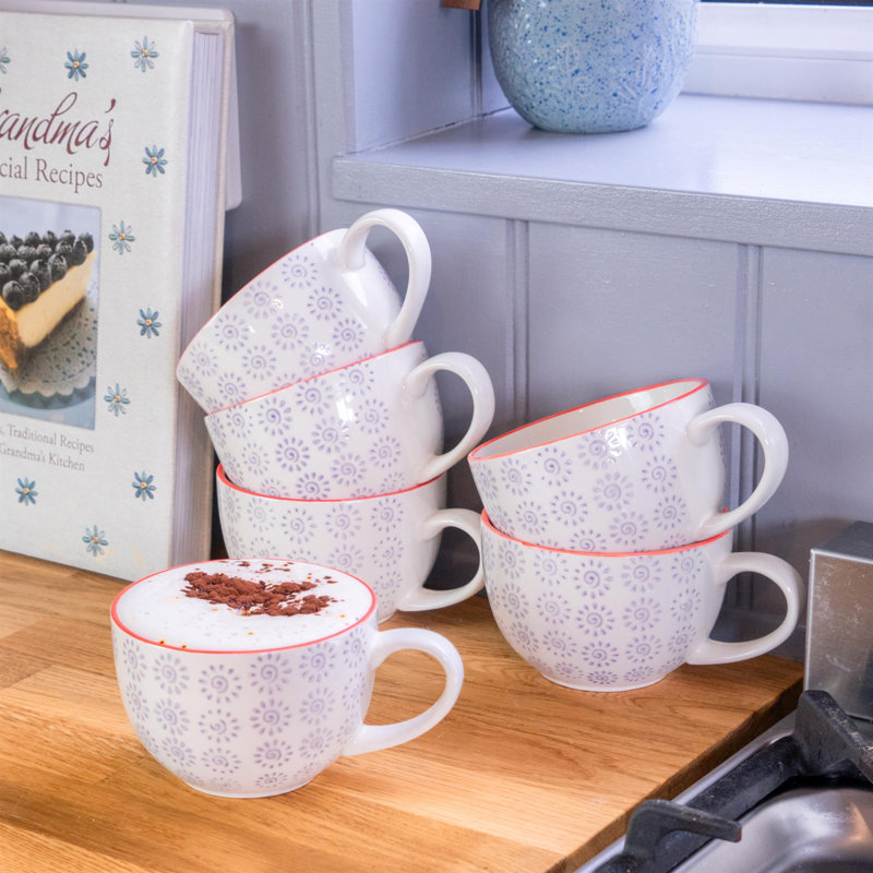 Nicola Spring - Hand-Printed Cappuccino Cups - 250ml, White/Purple/Red