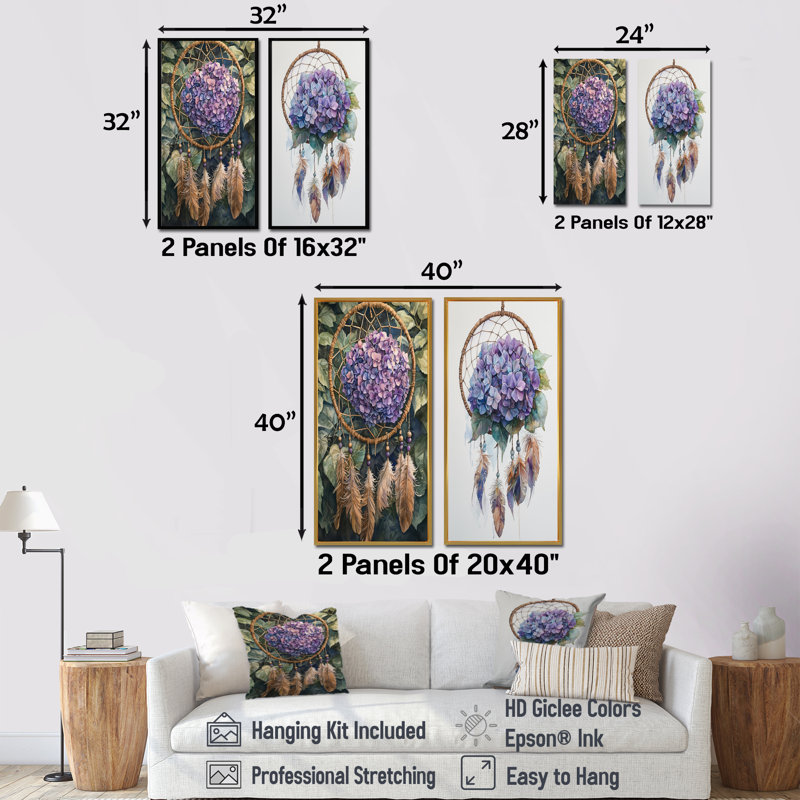 Hydrangea Dreamcatcher I - Impression sur toile florale 2 panneaux, H 40 po x l 41 po, Cadre flottant blanc