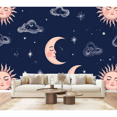 Papier peint auto-adhésif à motif de croissant de lune cosmique rétro pour l'astrologie, papier peint décoratif H 69 po x l 96 po, papier peint amovible en PVC pour chambre à coucher, bureau à domicile
