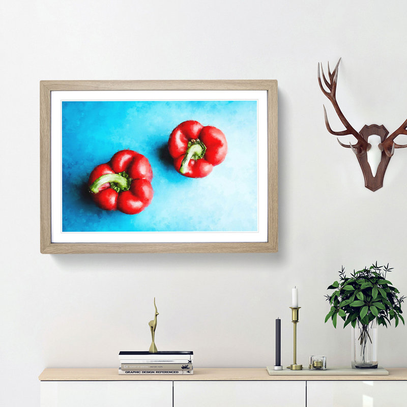 Two Red Bell Peppers - Picture Frame Graphic Art Print, 24cm H x 33cm W x 2cm D, Oak Framed