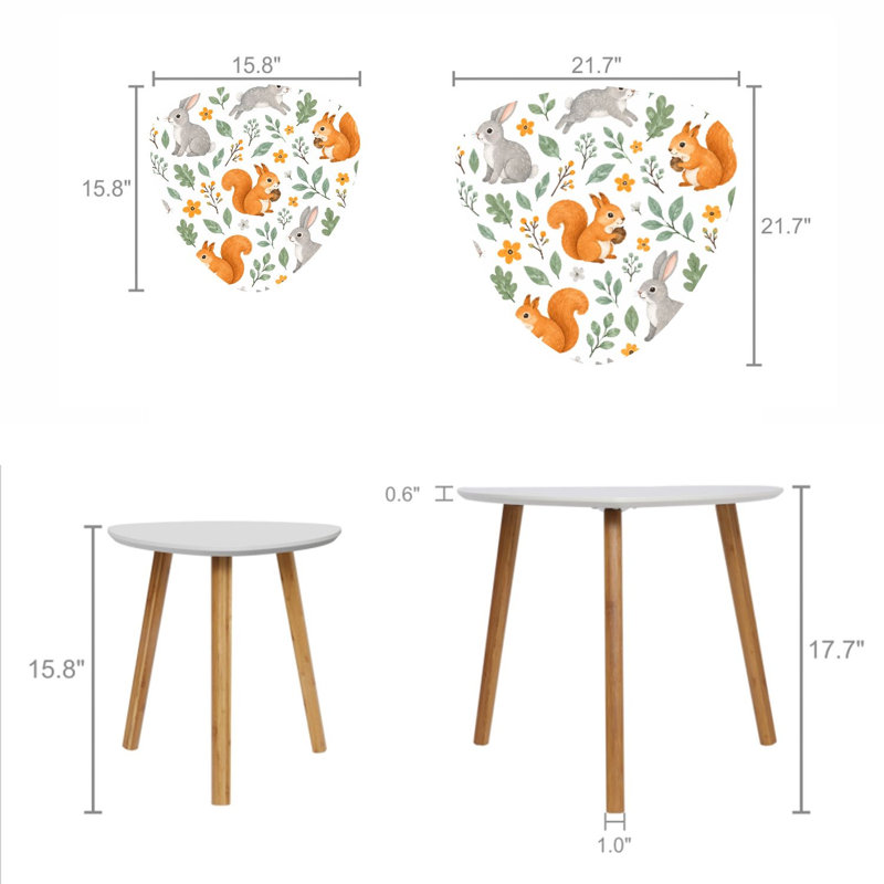 Ensemble de 2 tables basses gigognes triangulaires modernes, ornées de lapins, d'écureuils, de feuilles vertes et de fleurs, style milieu du siècle. Tables d'appoint empilables, petites tables de chevet pour salon, chambre, appartement et décoration intérieure.