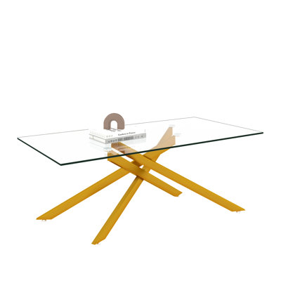 47.2" Rectangular Clear Tempered Glass Coffee Table, Stylish Design Center Table with Metal Legs, Modern Coffee Table for Living Room